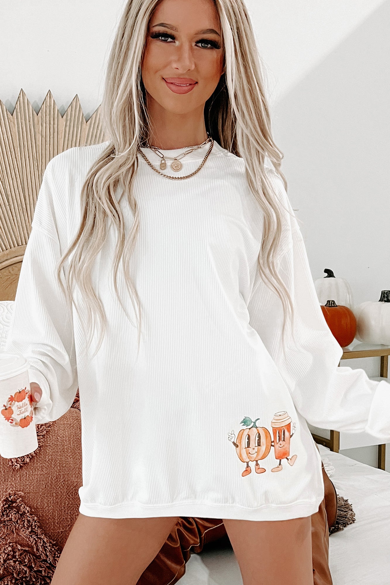 Fall Friends Double-Sided Corded Graphic Crewneck (White) - Print On Demand - NanaMacs