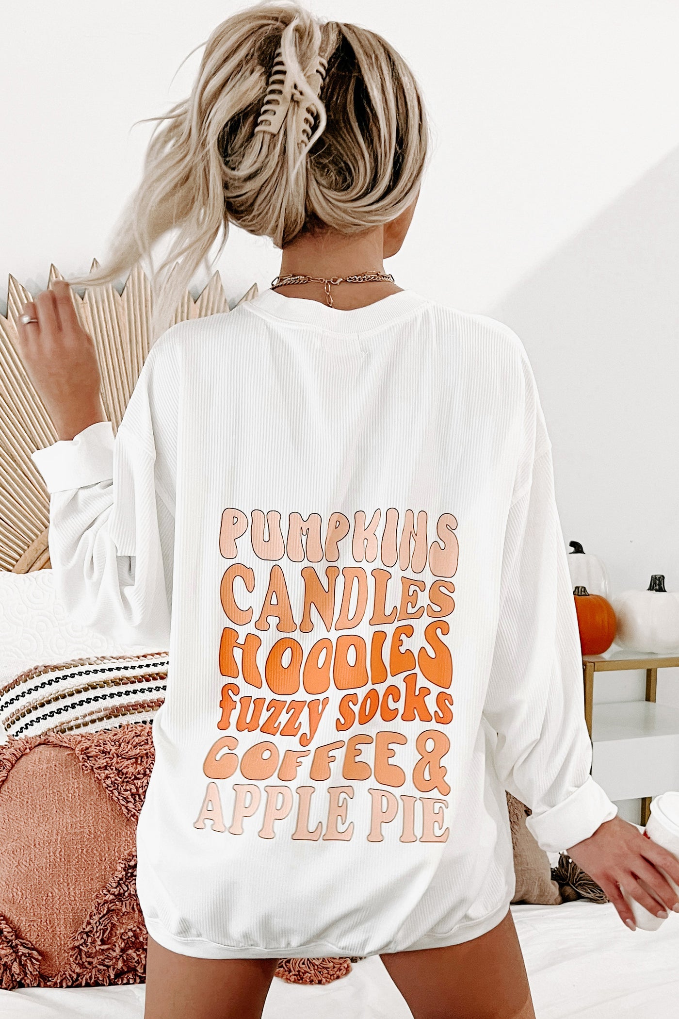 Fall Friends Double-Sided Corded Graphic Crewneck (White) - Print On Demand - NanaMacs