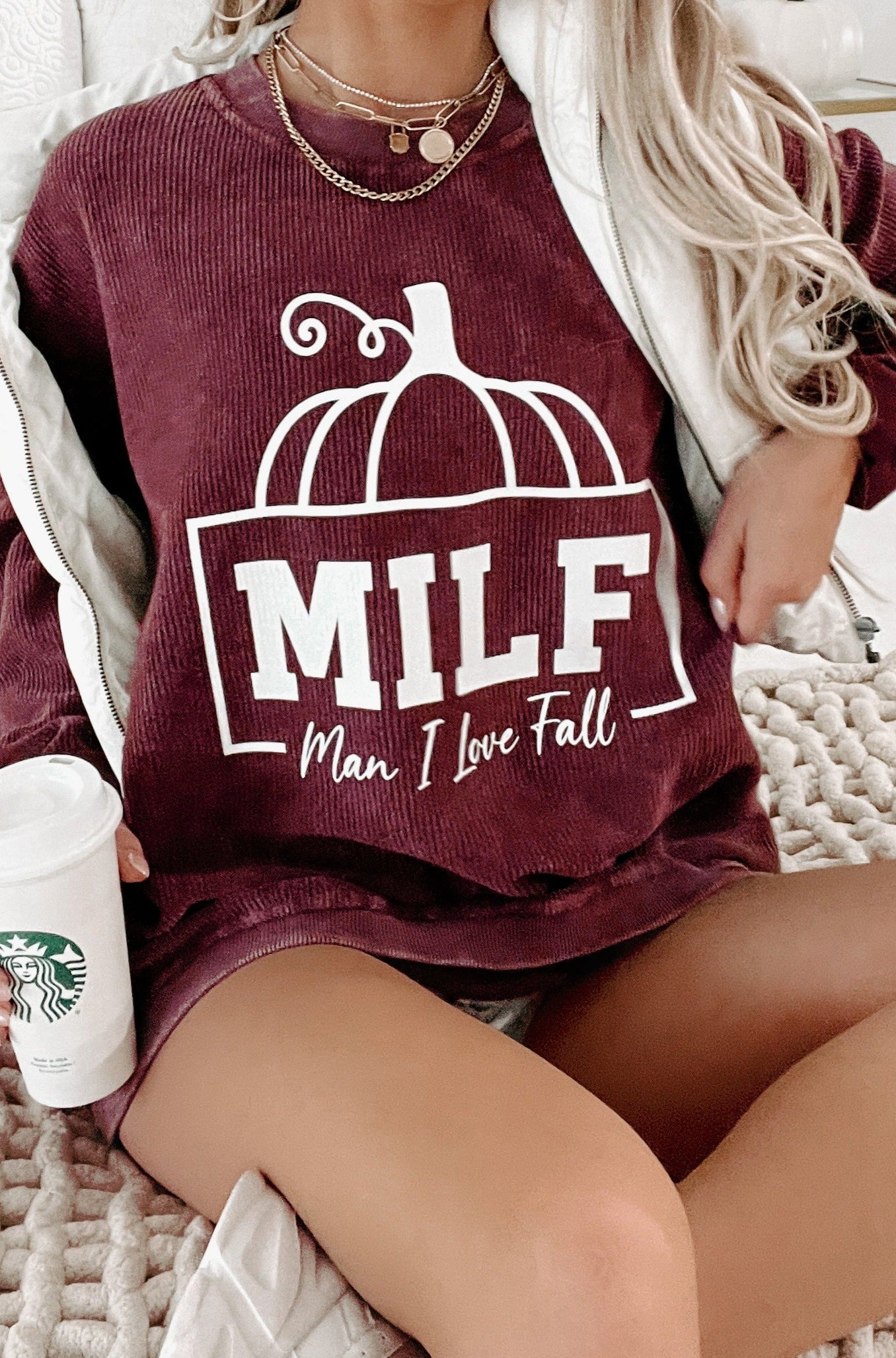 "Man I Love Fall" Corded Graphic Crewneck (Maroon) - Print On Demand - NanaMacs