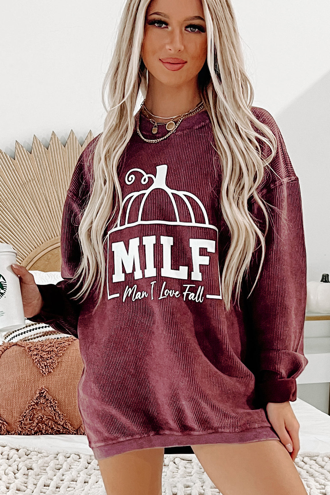 "Man I Love Fall" Corded Graphic Crewneck (Maroon) - Print On Demand - NanaMacs