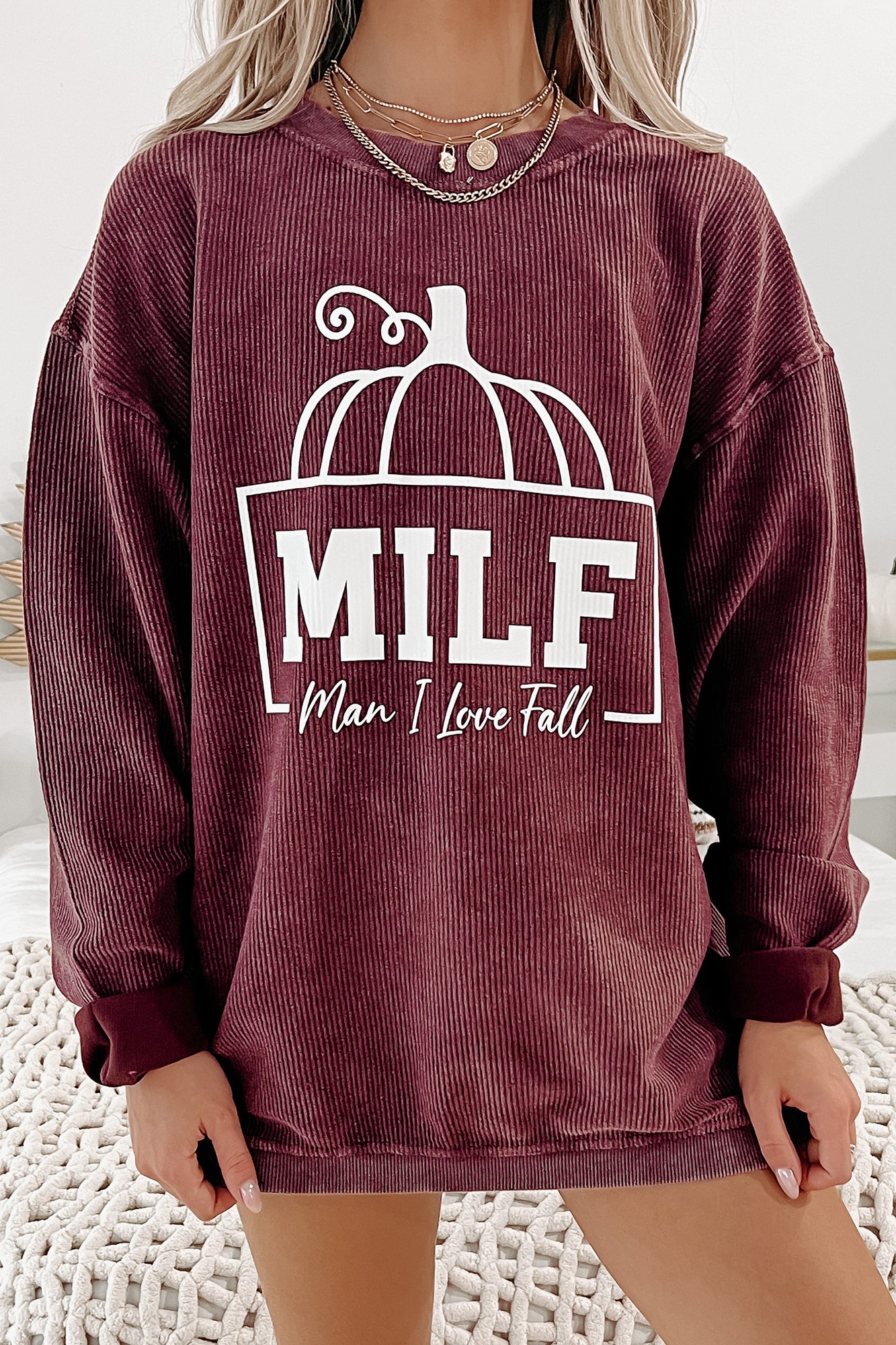 "Man I Love Fall" Corded Graphic Crewneck (Maroon) - Print On Demand - NanaMacs