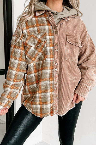 Asheville Adventures Plaid/Corduroy Contrast Shacket (Taupe Multi) - NanaMacs