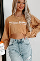 "Autumn Leaves + Pumpkin Please" Long Sleeve Graphic Crop Top (Peanut Butter) - Print On Demand - NanaMacs