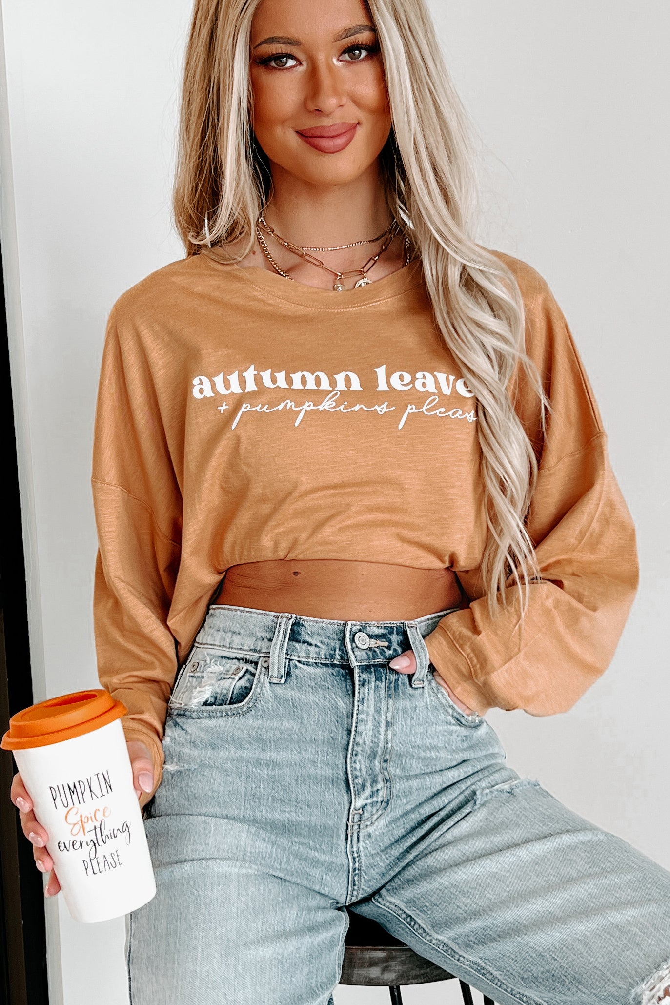 "Autumn Leaves + Pumpkin Please" Long Sleeve Graphic Crop Top (Peanut Butter) - Print On Demand - NanaMacs