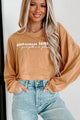 "Autumn Leaves + Pumpkin Please" Long Sleeve Graphic Crop Top (Peanut Butter) - Print On Demand - NanaMacs