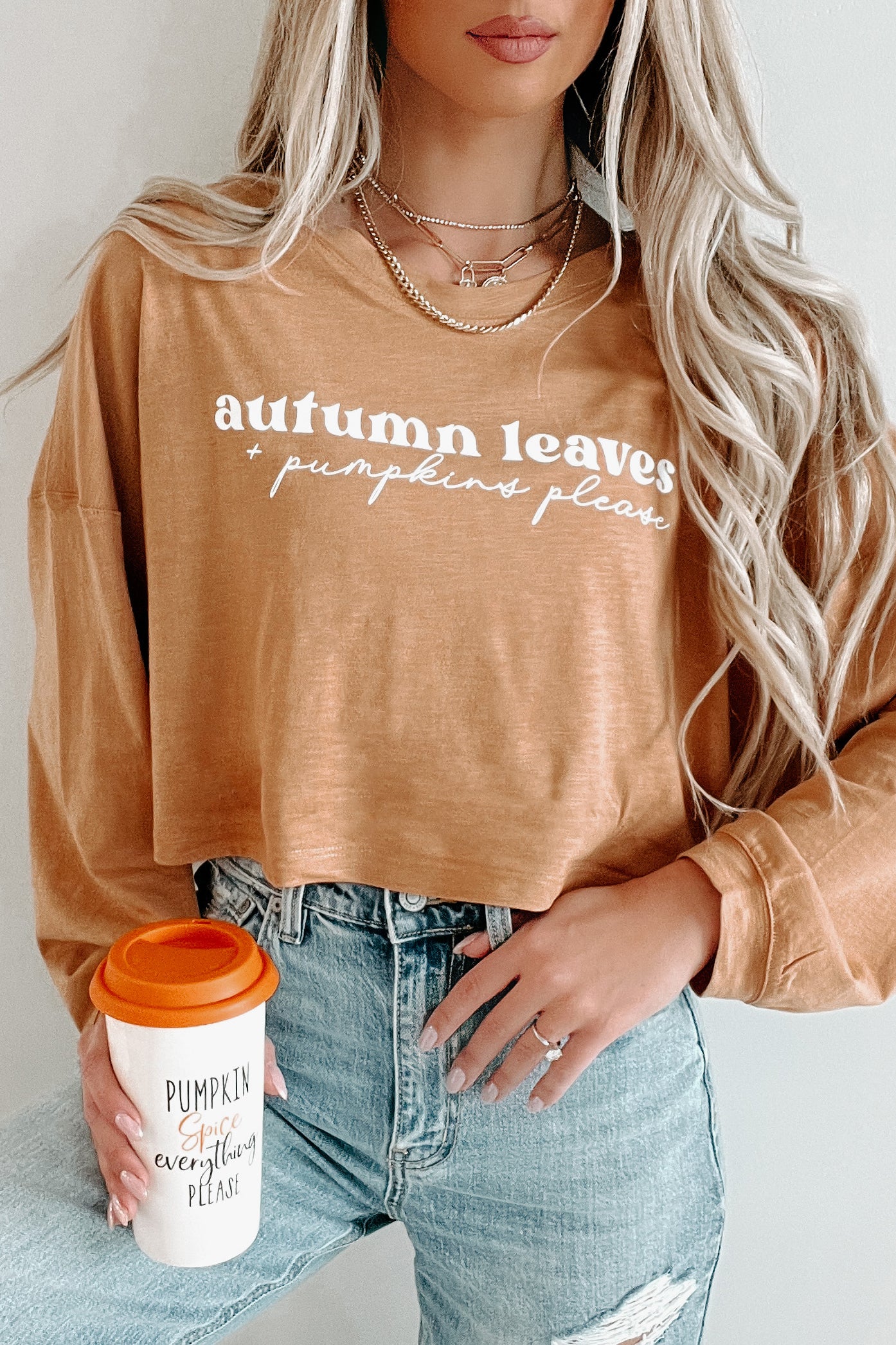 "Autumn Leaves + Pumpkin Please" Long Sleeve Graphic Crop Top (Peanut Butter) - Print On Demand - NanaMacs