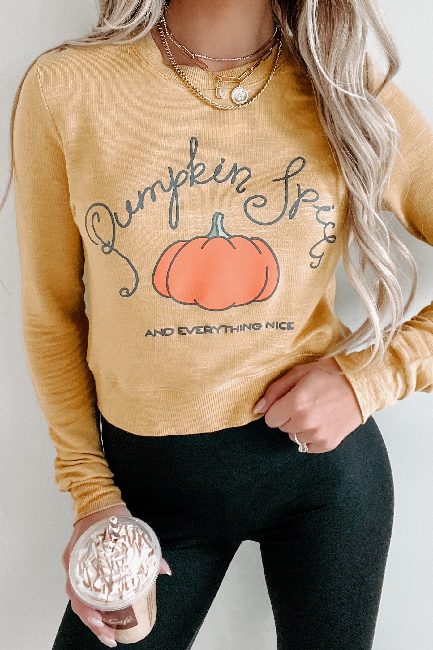 Nice Pumpkin Spice Long Sleeve Graphic Crop Top (Honey Mustard) - Print On Demand - NanaMacs