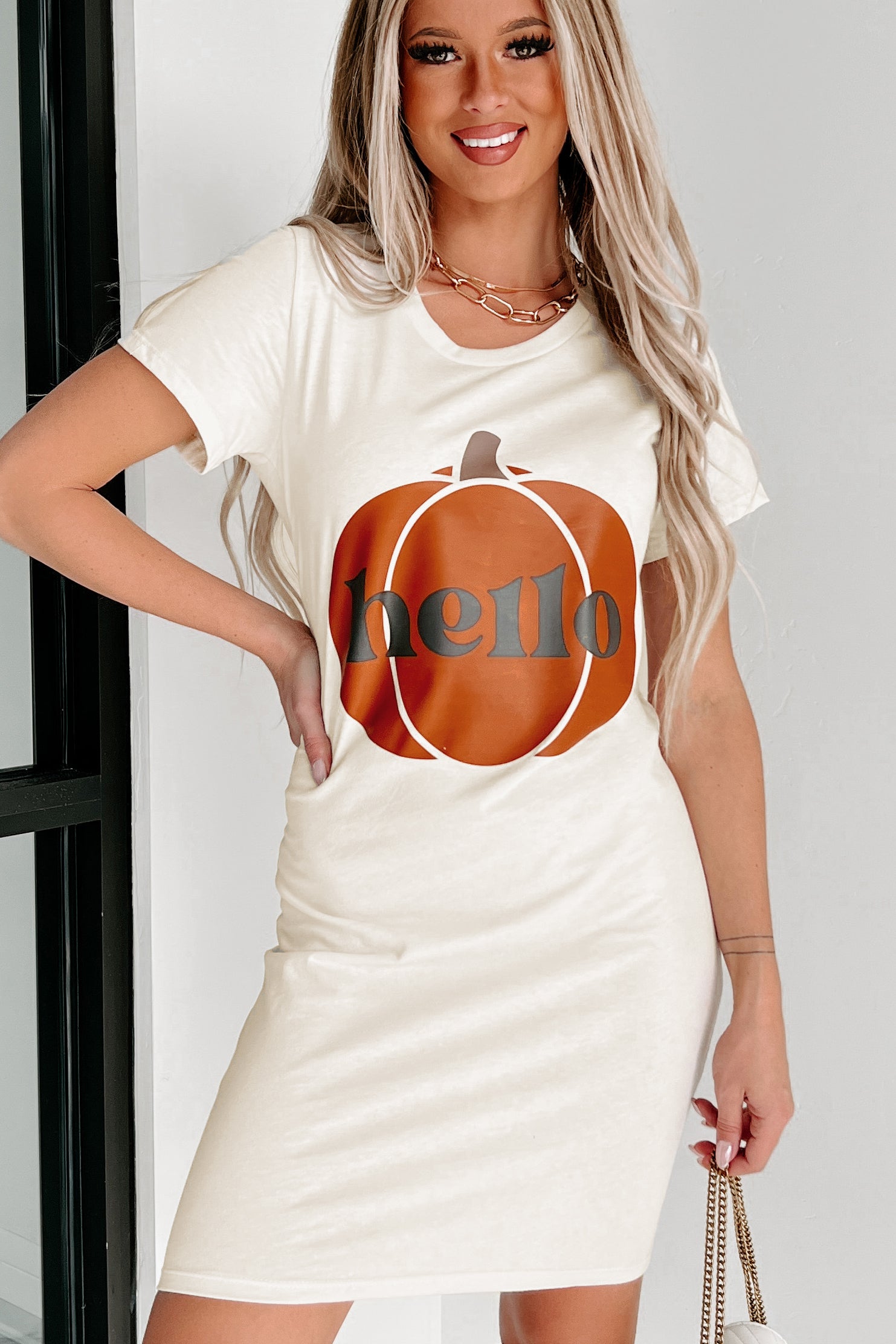 Hello My Pumpkin Graphic T-Shirt Dress (Cream) - Print On Demand - NanaMacs