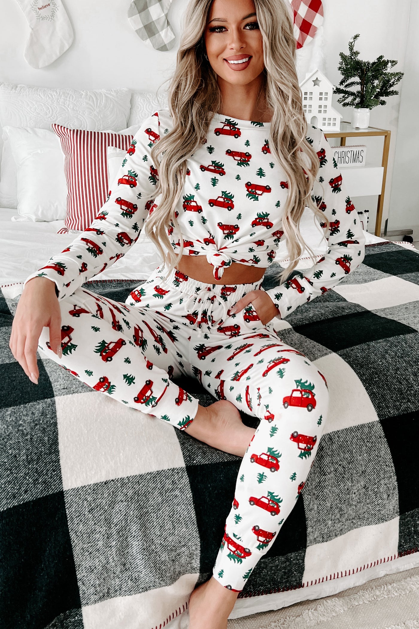 Holiday Steal- Tree Cutting Time Fleece Lined Pajama Set (White/Red Car) - NanaMacs