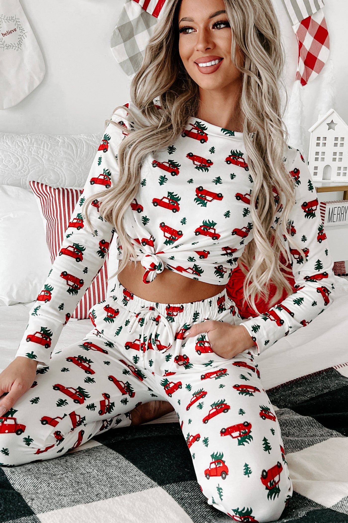 Holiday Steal- Tree Cutting Time Fleece Lined Pajama Set (White/Red Car) - NanaMacs