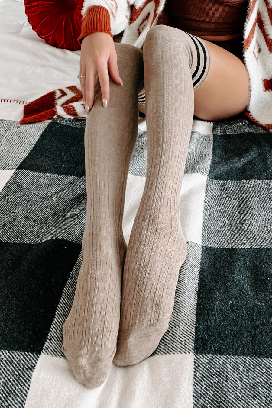 Put A Sock In It Varsity Striped Over The Knee Socks (Mocha) - NanaMacs