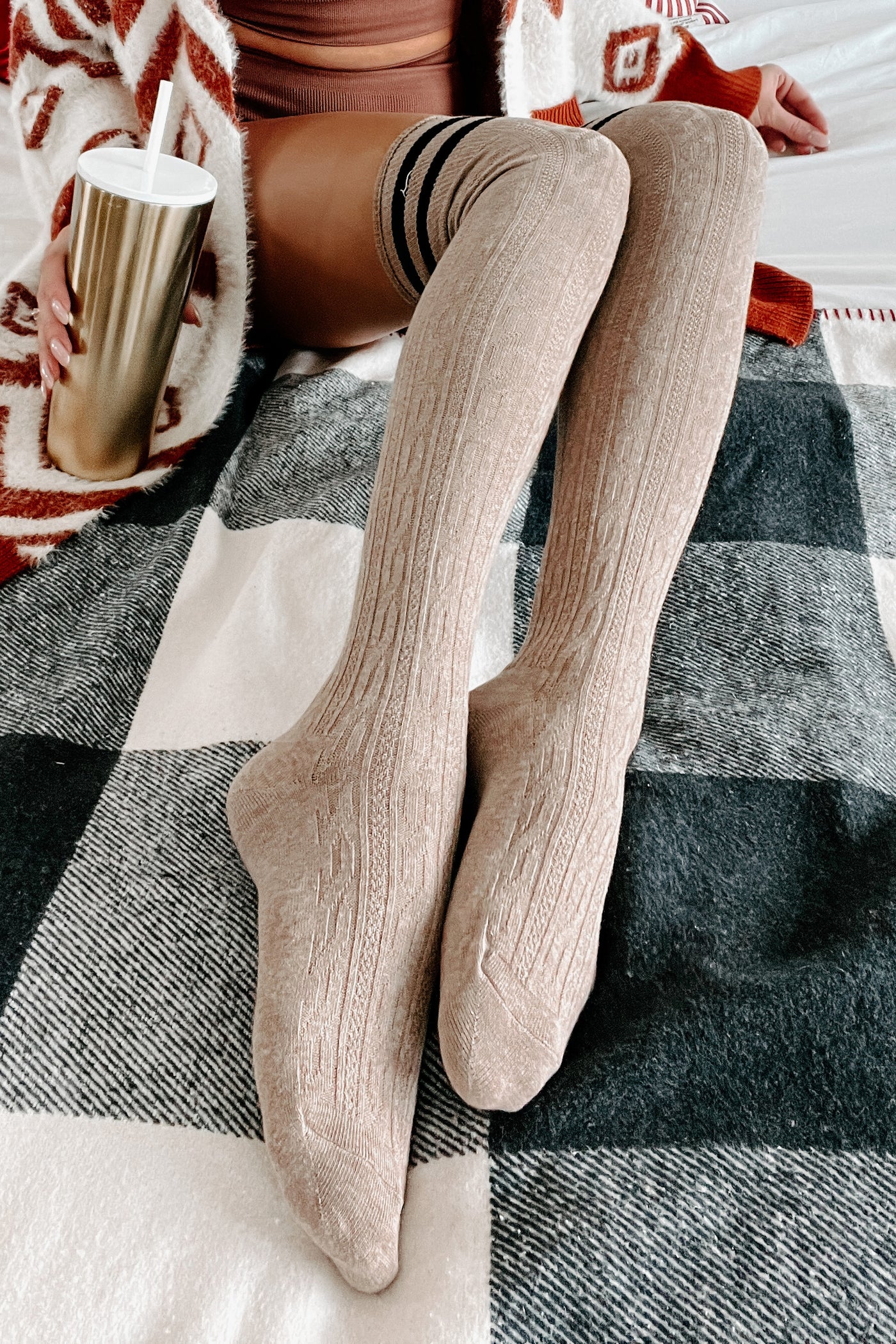 Put A Sock In It Varsity Striped Over The Knee Socks (Mocha) - NanaMacs