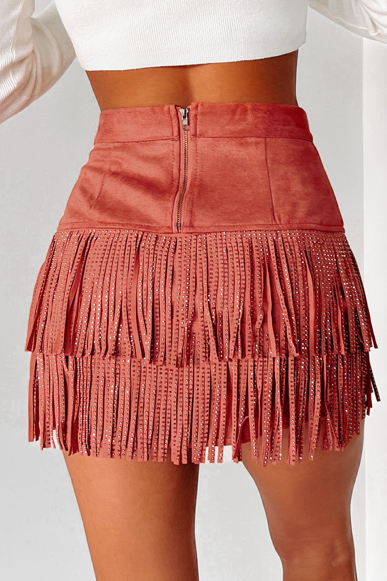 Twirl My Way Rhinestone Fringe Mini Skirt (Rust) · NanaMacs