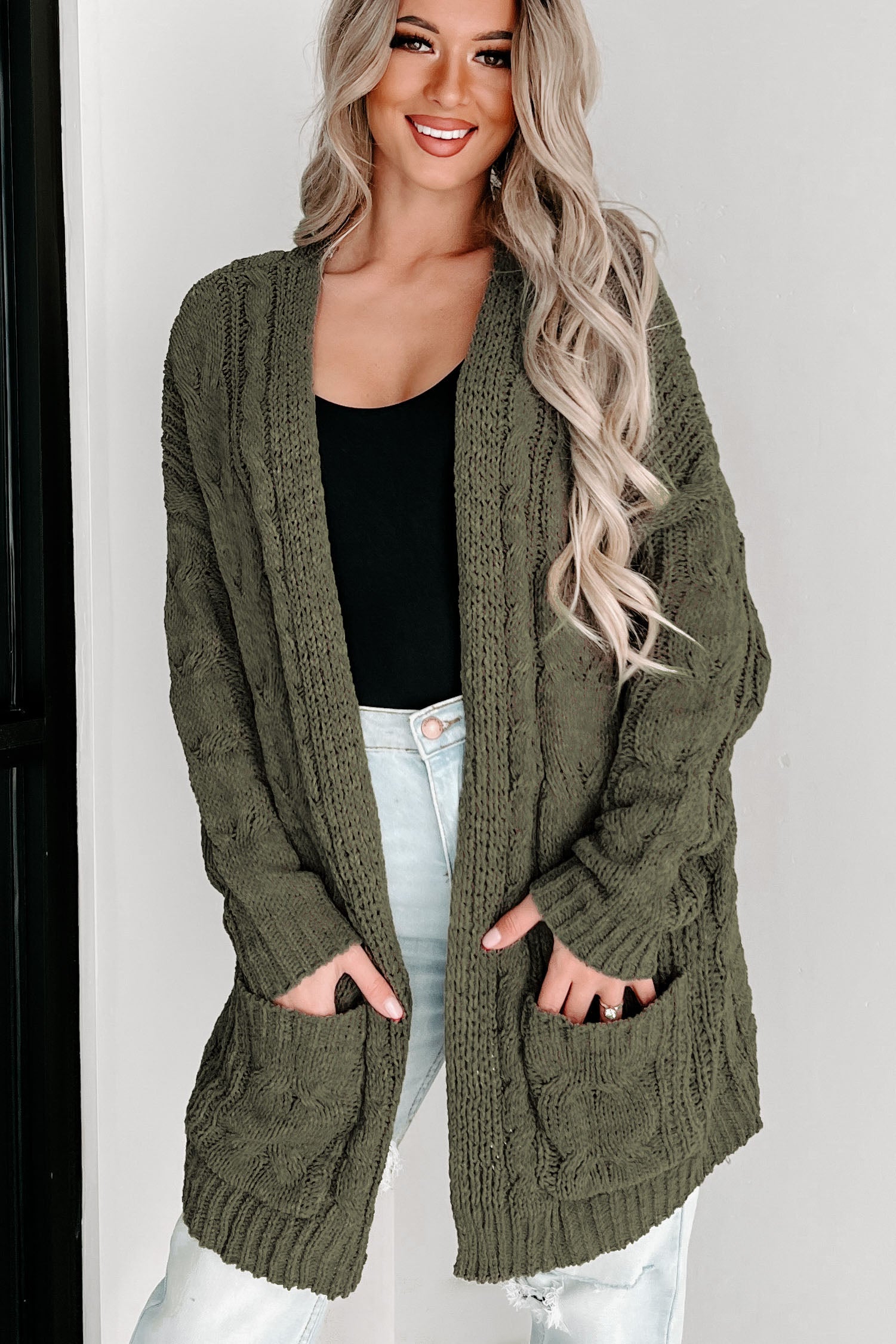 Olive green open hot sale front cardigan