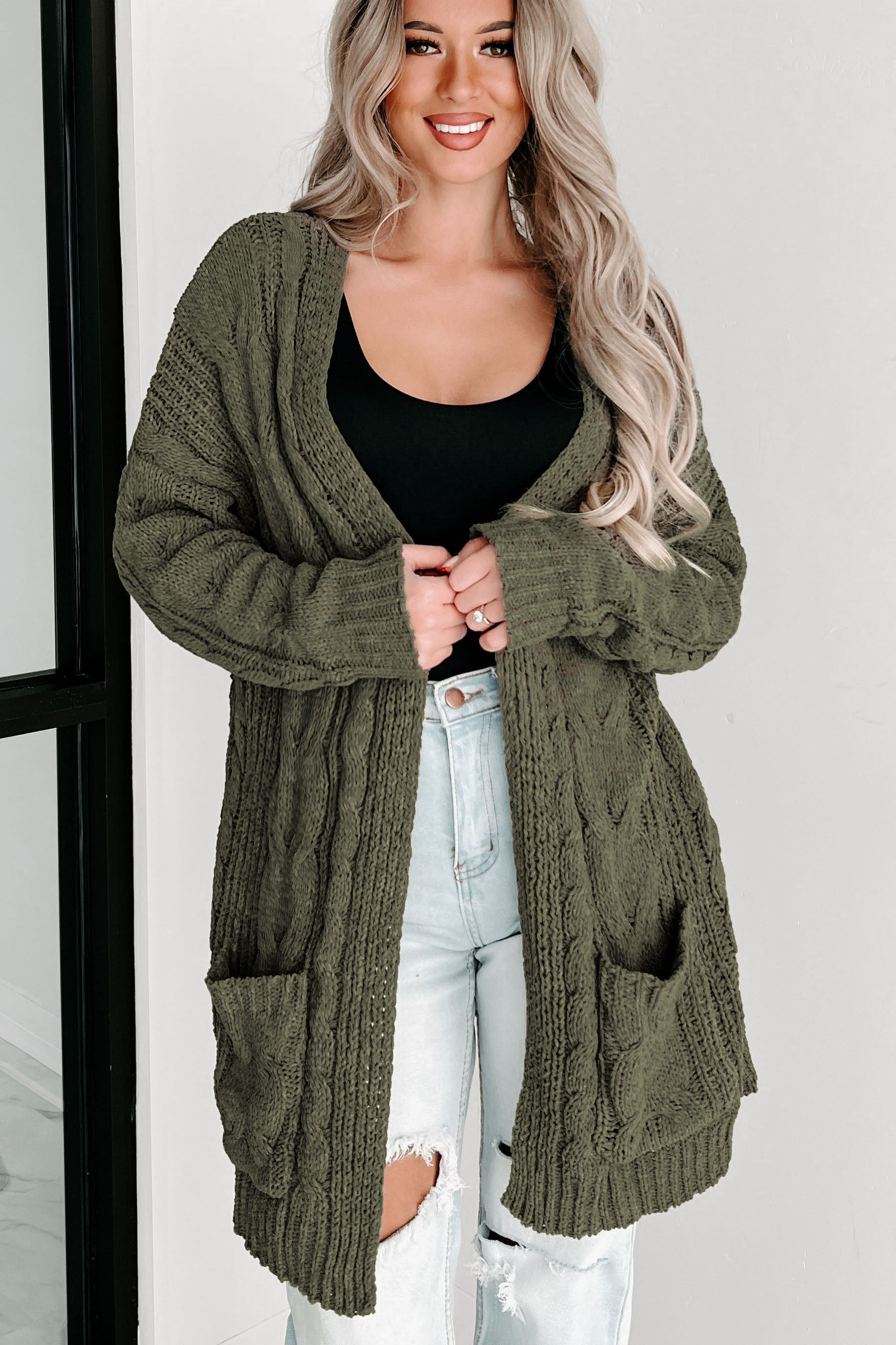 Olive green open front cardigan online