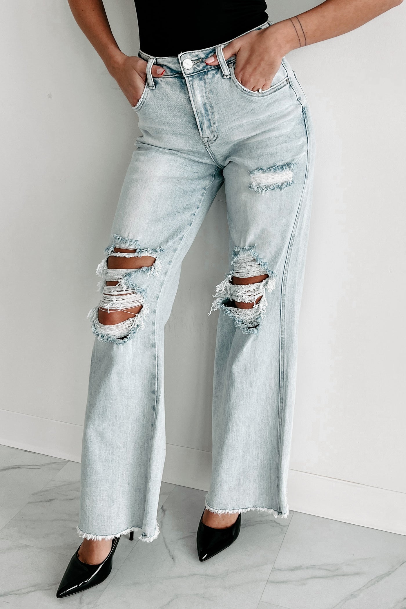 For A Change High Rise Distressed Wide Leg Jeans (Dark)
