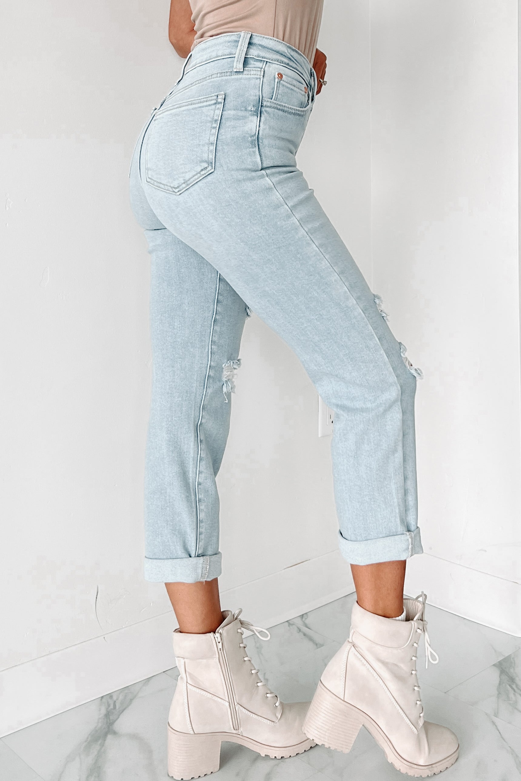 Kristen High Rise Distressed Cropped Jeans (Light Denim) - NanaMacs