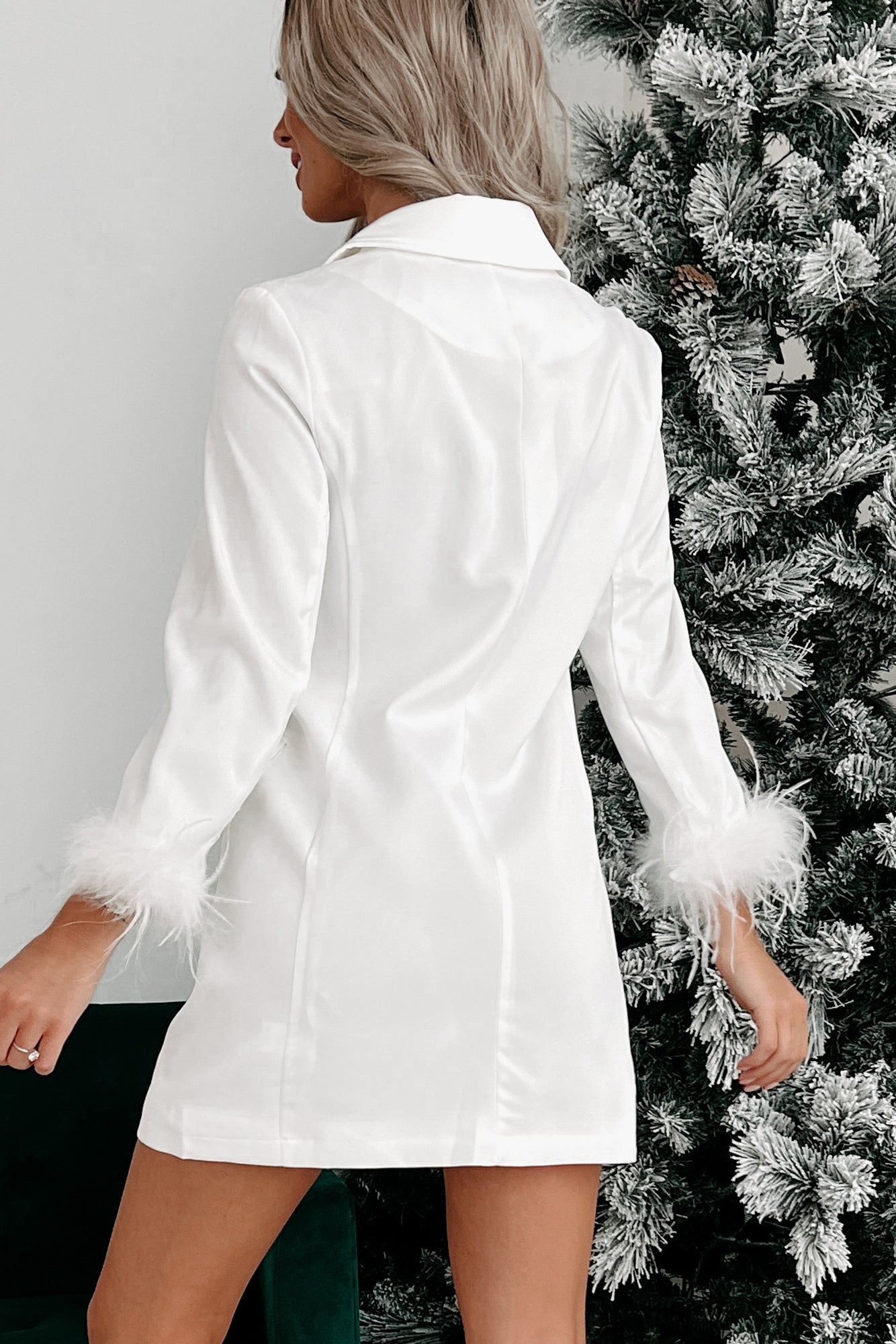 Peaked Your Interest Feather Cuffed Blazer Dress Ivory NanaMacs