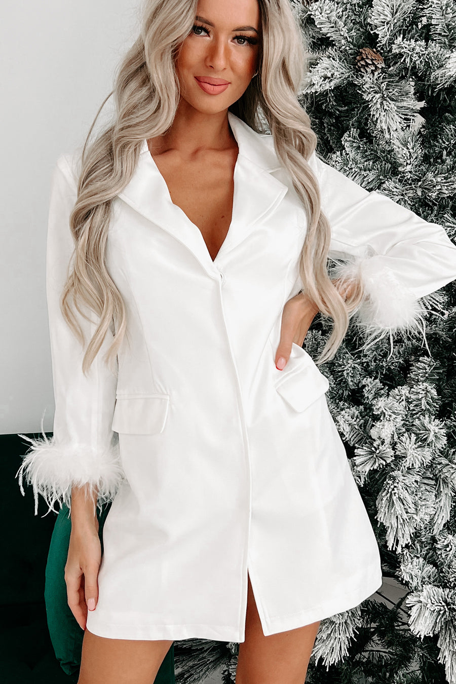 Peaked Your Interest Feather Cuffed Blazer Dress (Ivory) - NanaMacs