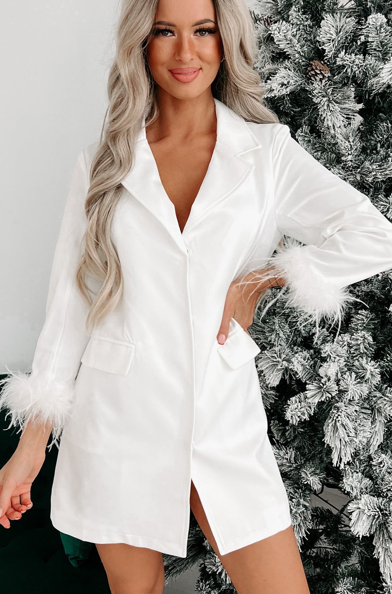 Peaked Your Interest Feather Cuffed Blazer Dress (Ivory) - NanaMacs