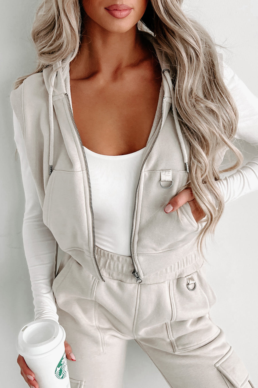 Gym Flex Cropped Hoodie Vest (Taupe) - NanaMacs