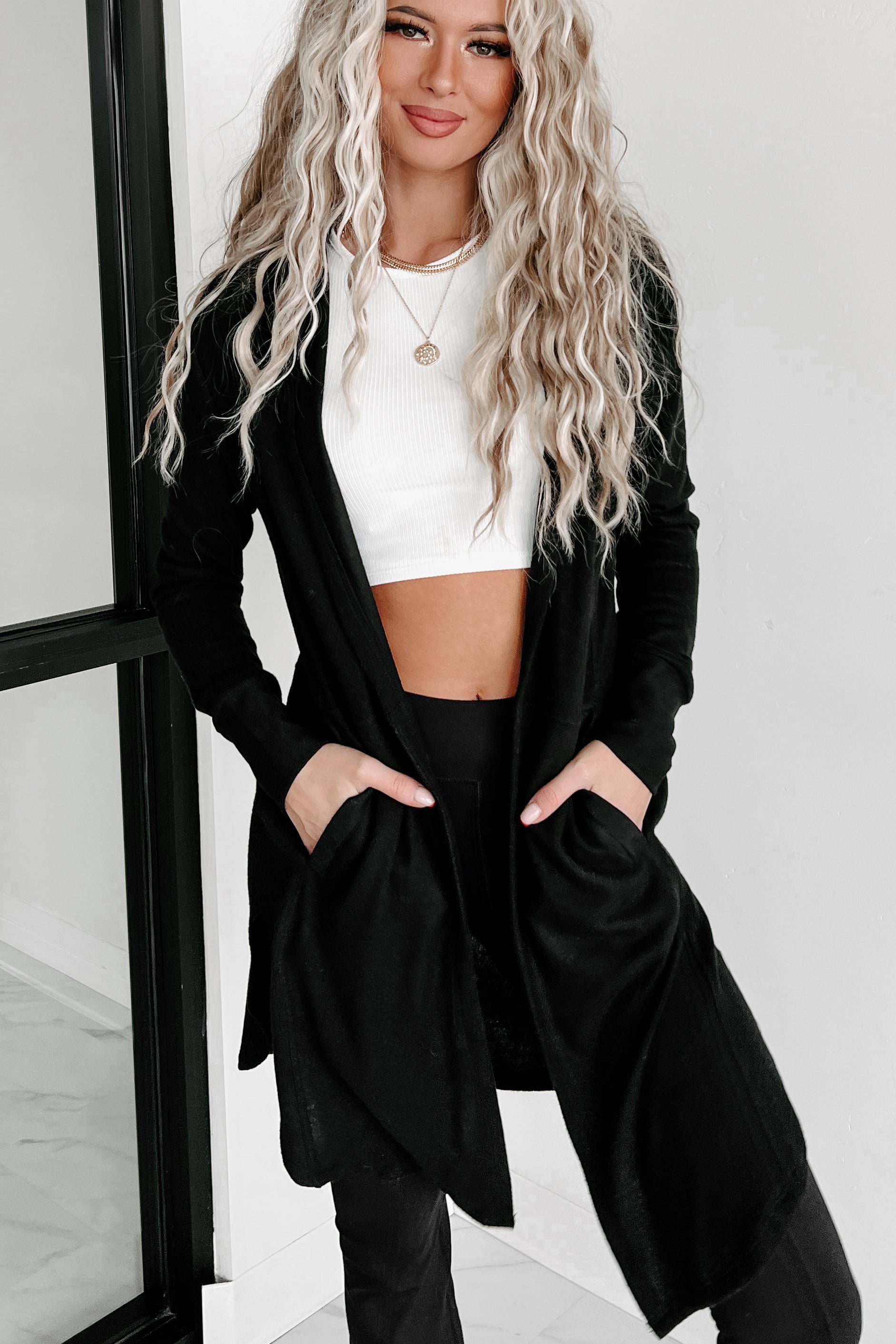 Nadia Open Front Hooded Cardigan (Black) - NanaMacs