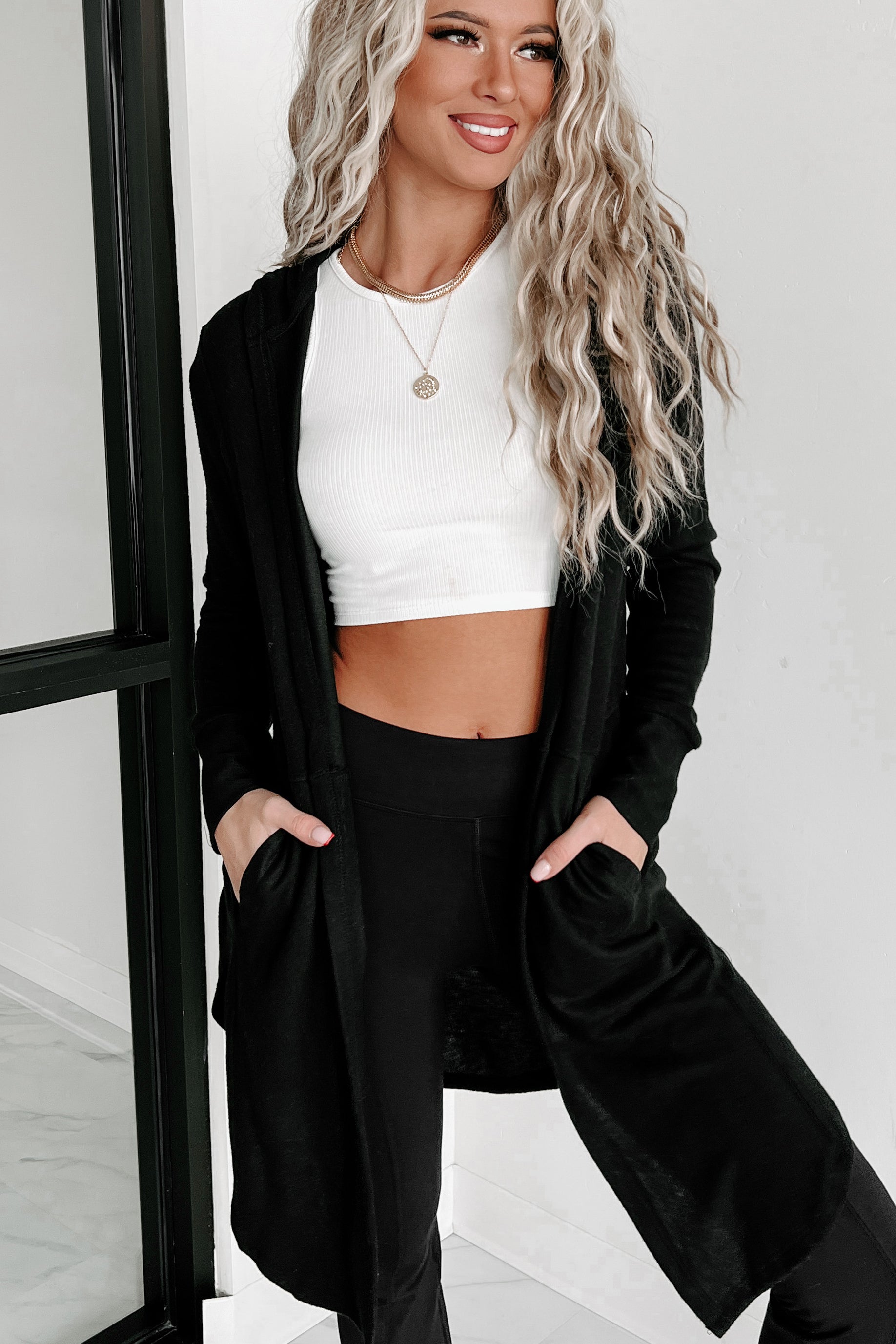 Nadia Open Front Hooded Cardigan (Black) - NanaMacs