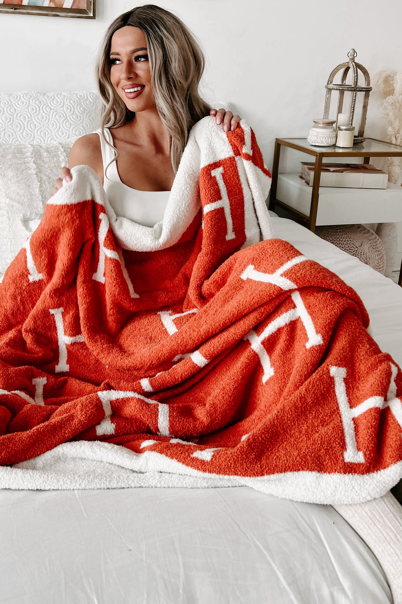 Snug As A Bug "H" Print Throw Blanket (Orange) - NanaMacs