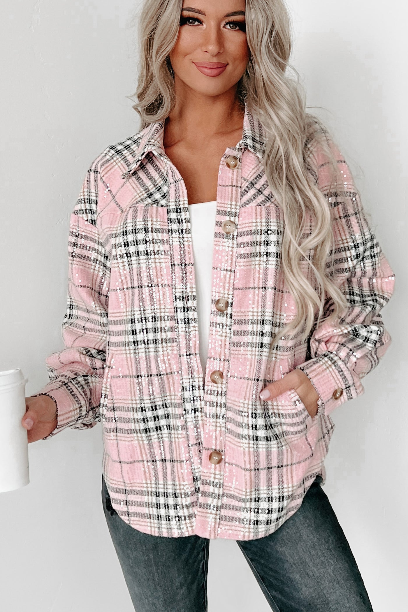 Glitter On The Streets Sequin Detail Plaid Shacket (Pink) - NanaMacs