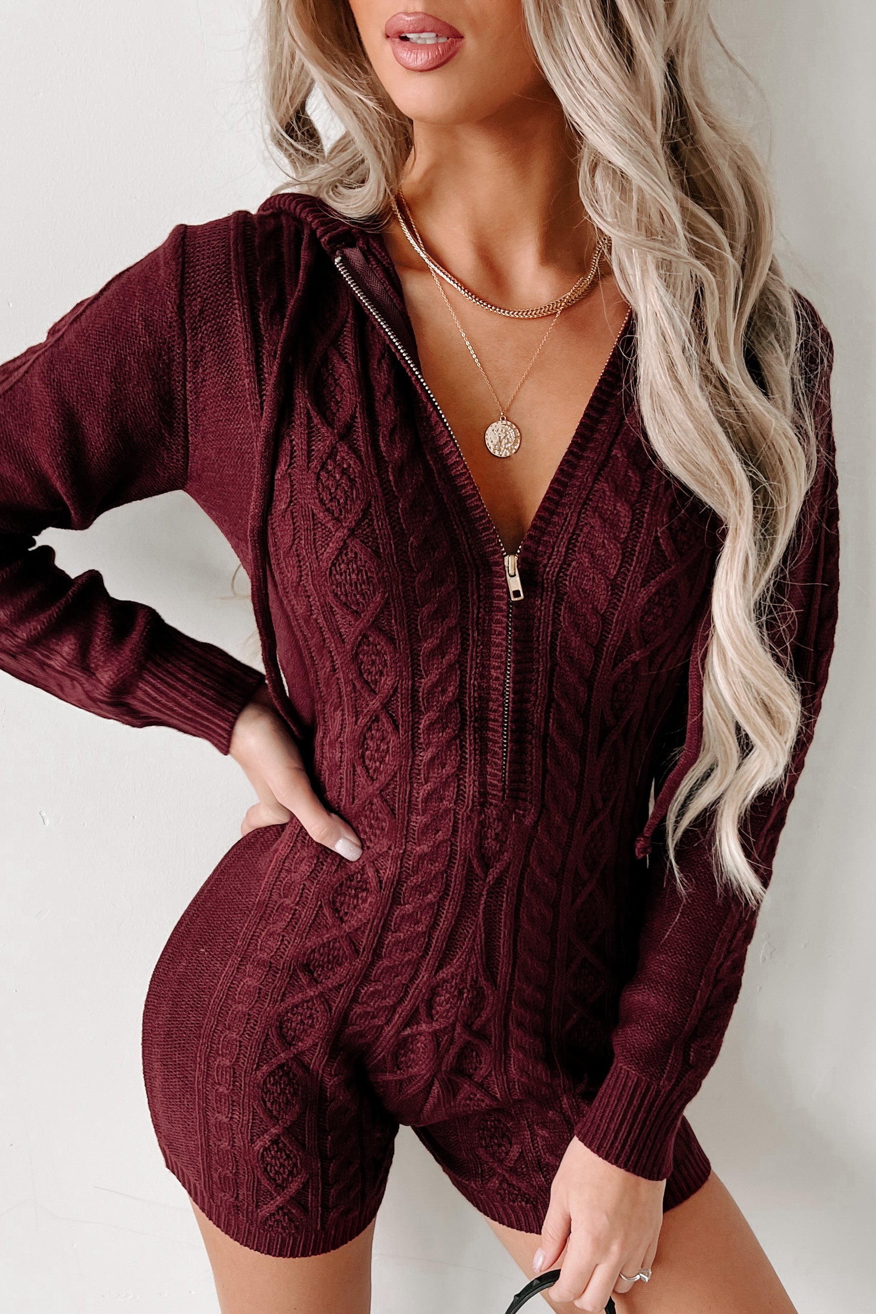 Dizzy Half-Zip Cable Knit Romper (Burgundy) · NanaMacs