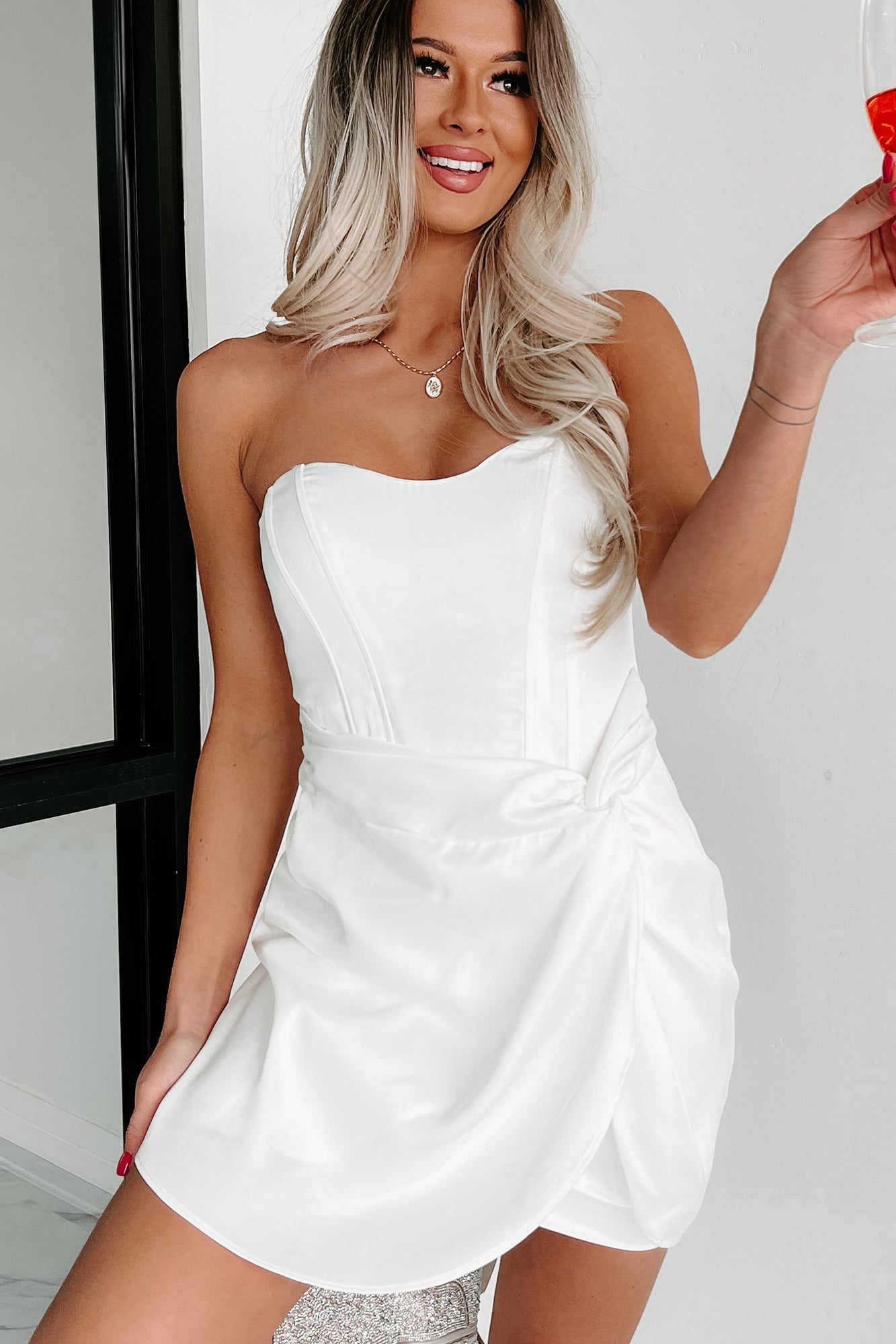 Getting It Girl Satin Strapless Mini Dress (White) - NanaMacs