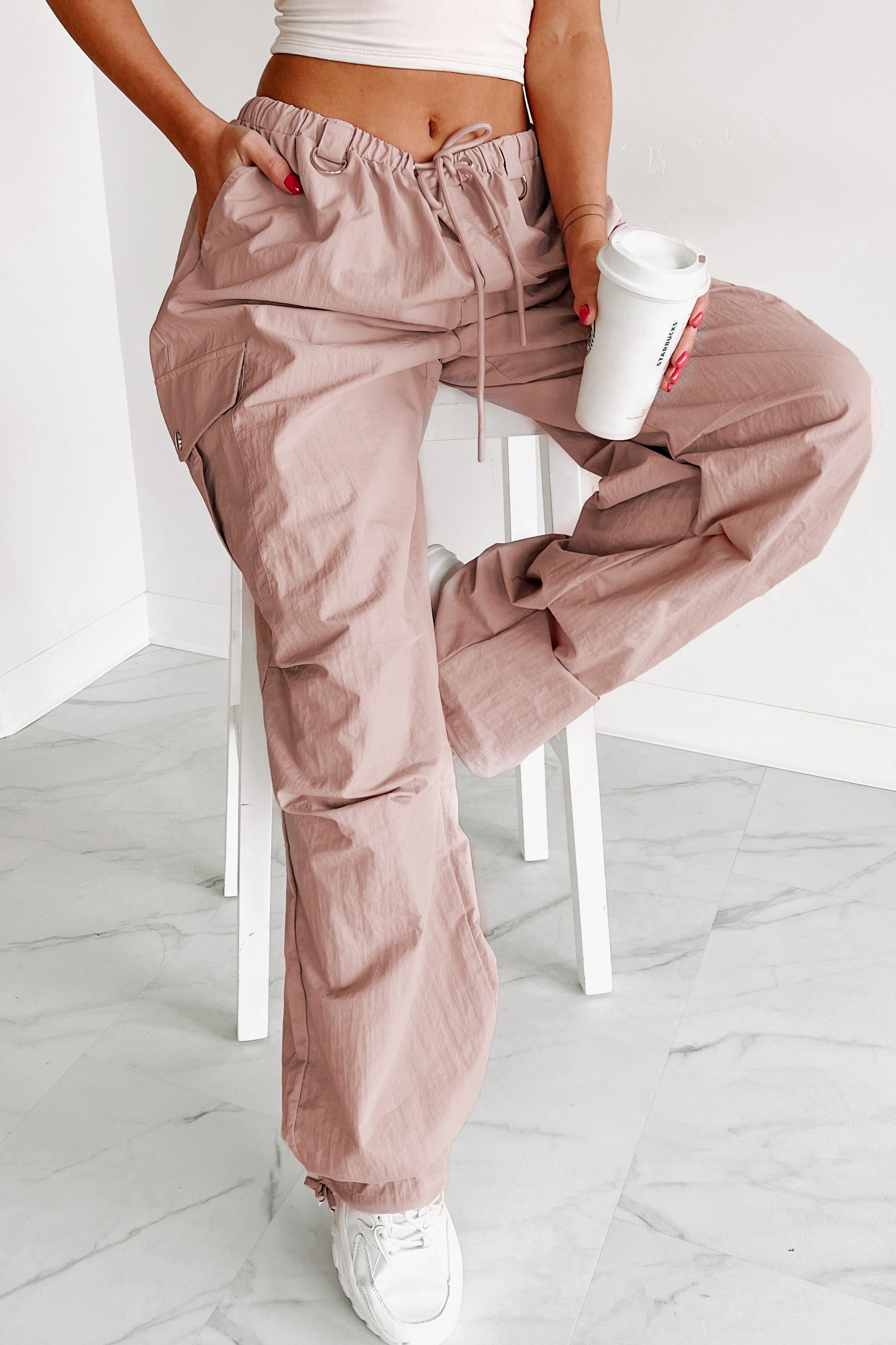 Addicted To Adventure High Rise Nylon Cargo Pants (Pale Rose