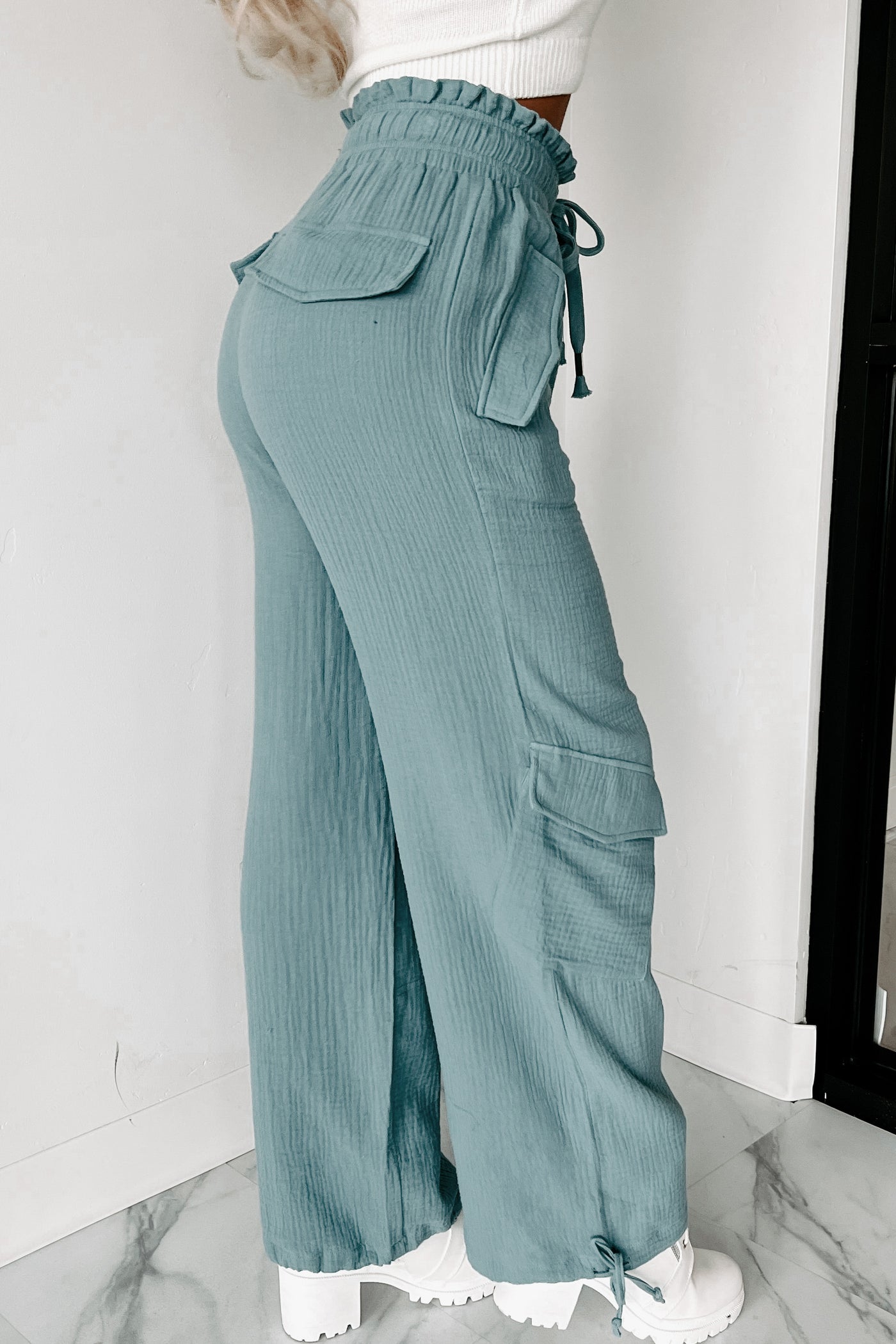 Gwendolyn High Waisted Linen Pants (Teal) - NanaMacs