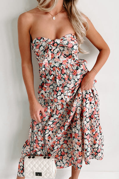 Romantic Muse Strapless Floral Midi Dress (Black/Multi) - NanaMacs