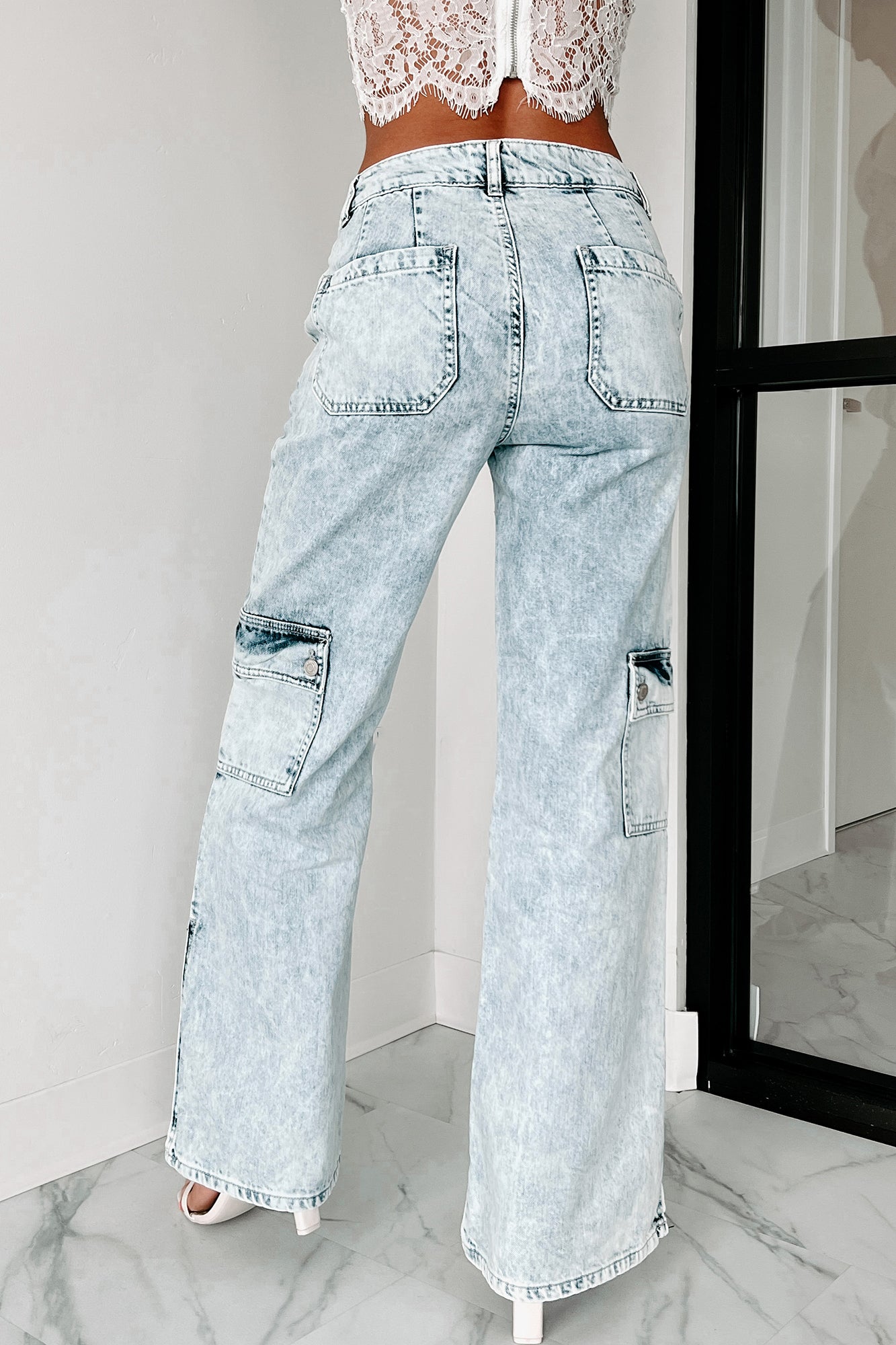Quick Learner Wide Leg Cargo Pocket Jeans (Acid) - NanaMacs