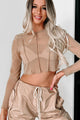 Flirty Phase Mesh Long Sleeve Crop Top With Bralette (Taupe) - NanaMacs