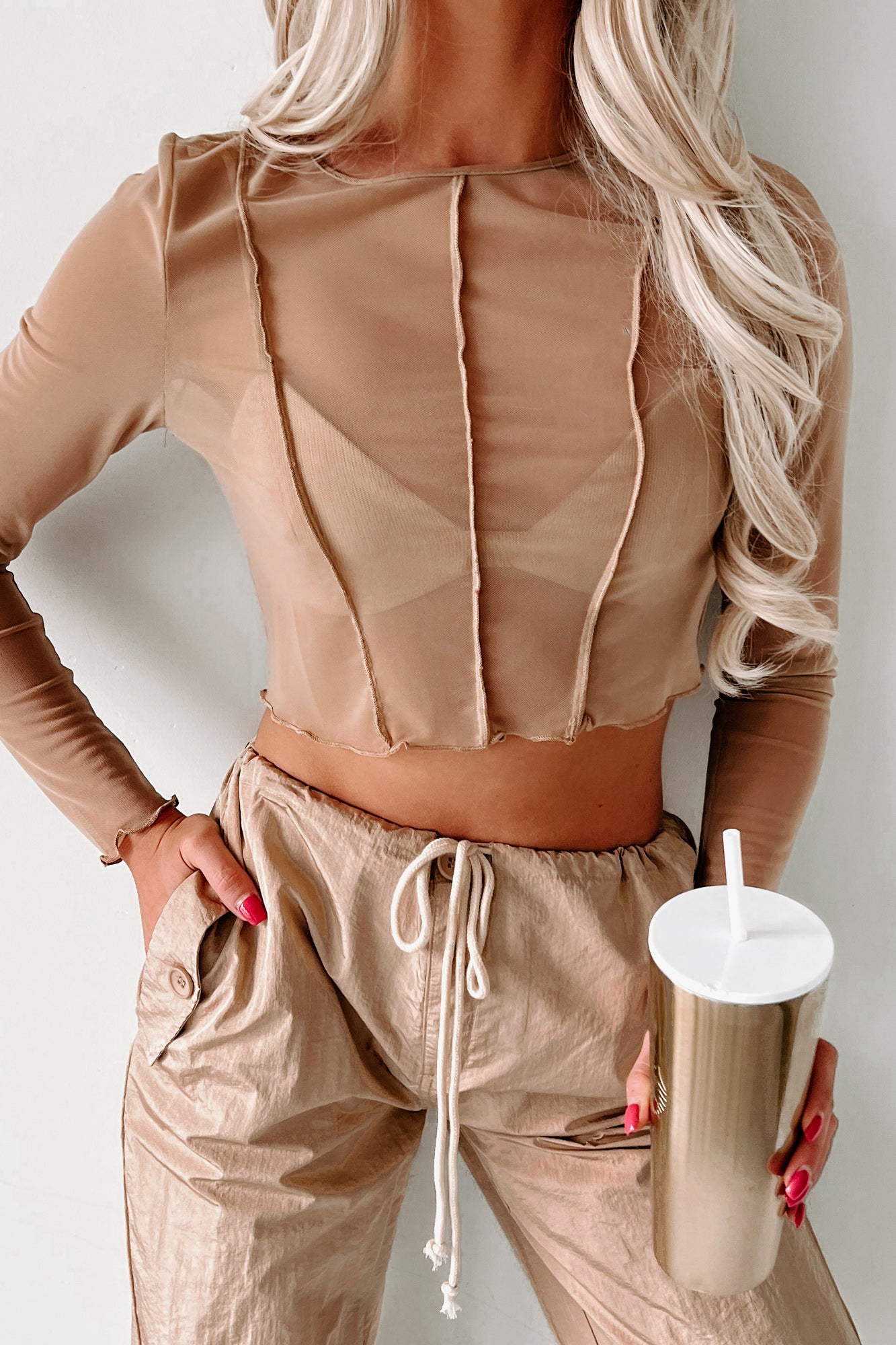 Flirty Phase Mesh Long Sleeve Crop Top With Bralette (Taupe) - NanaMacs
