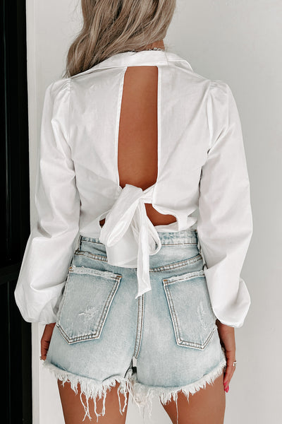 Owning Up Long Sleeve Open Back Bodysuit (White) - NanaMacs