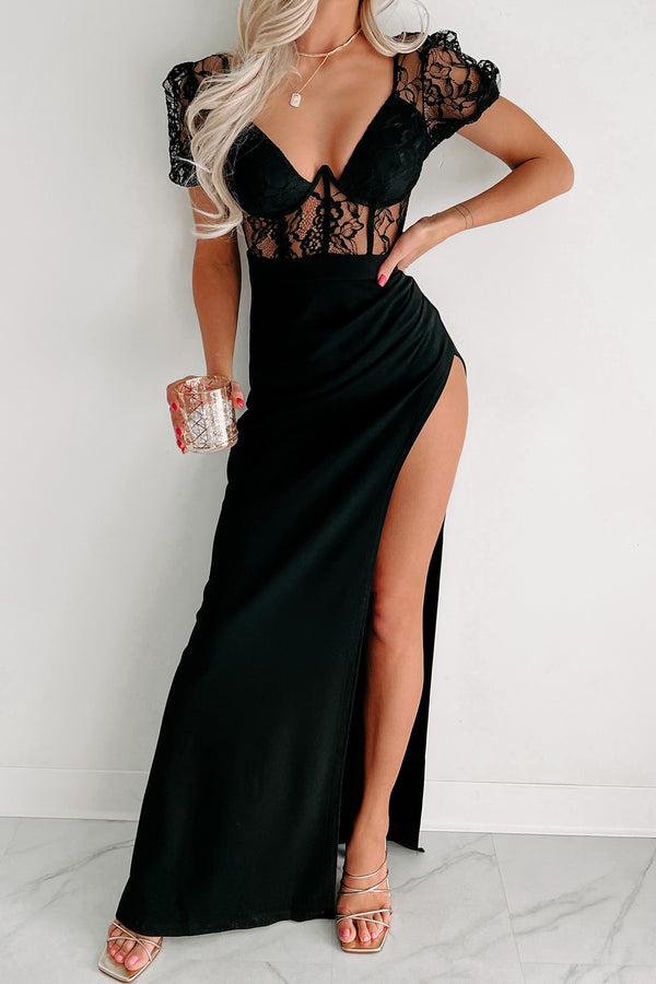 Captivating Energy Lace Detailed Bustier Maxi Dress (Black) - NanaMacs