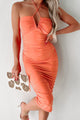 Moment Maker Ruched Halter Neck Mini Dress (Tangerine) - NanaMacs