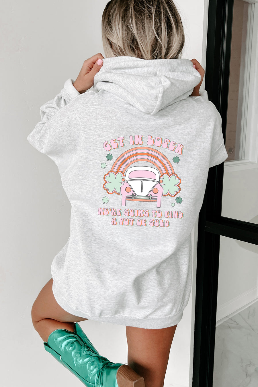 "Get In Loser" Double-Sided Graphic Hoodie (Ash Grey) - Print On Demand - NanaMacs