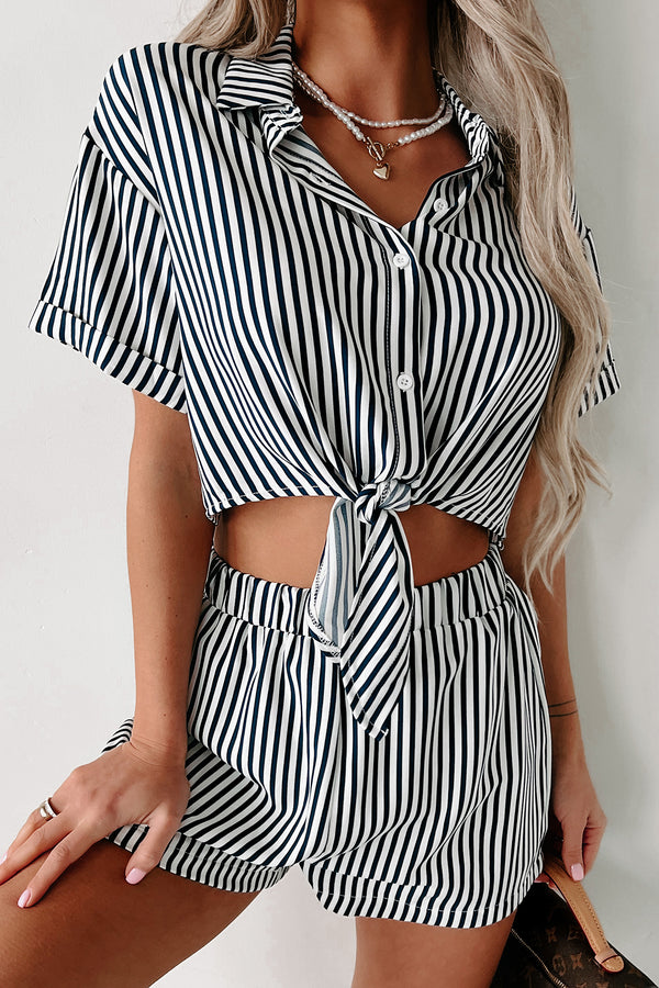 Near The Pier Striped Two-Piece Shorts Set (Navy) - NanaMacs