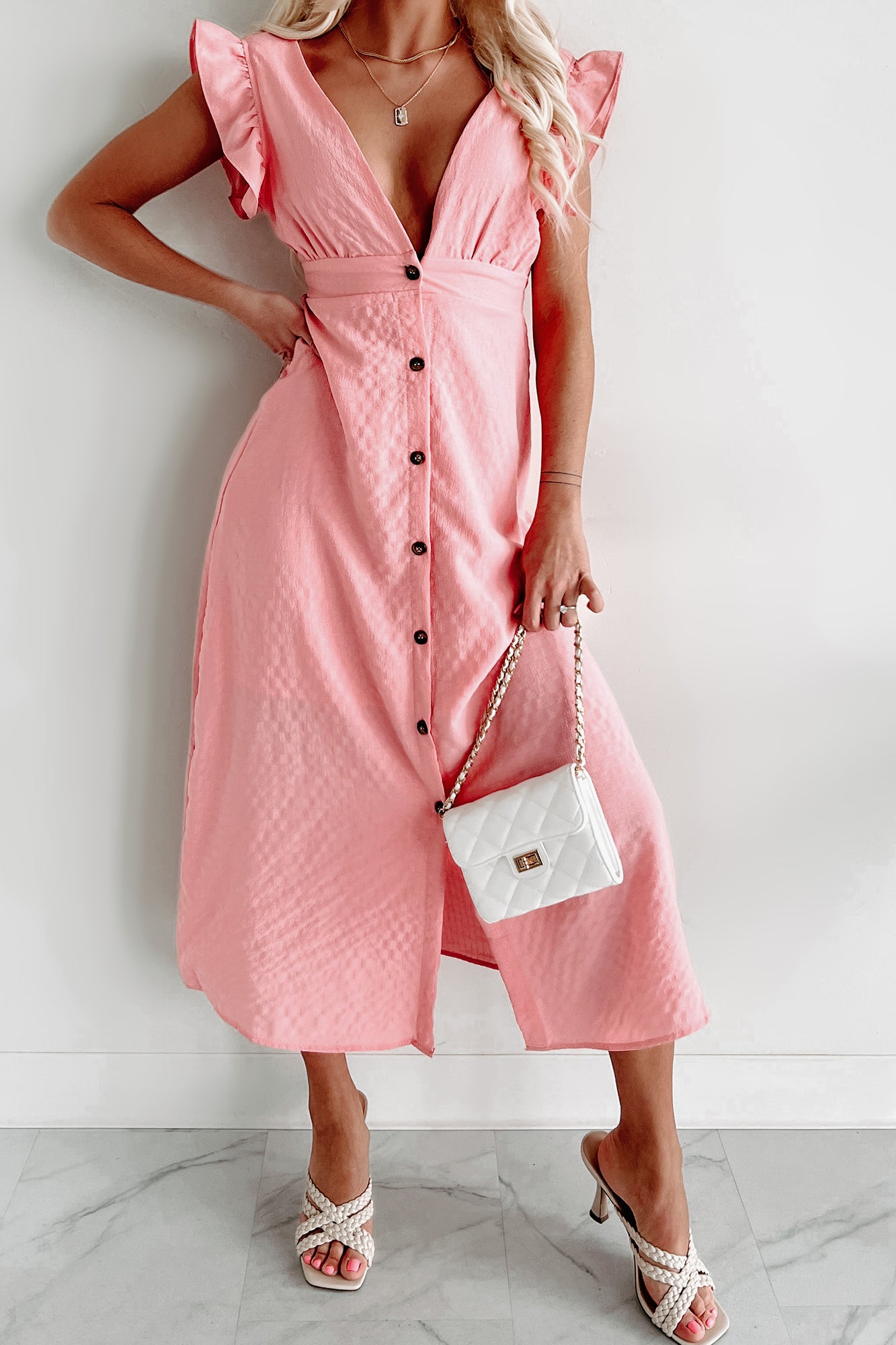 Flirting With Spring V-Neck Button Front Maxi (Pink) - NanaMacs