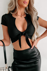 Cute But Complicated Tie Front Crop Top (Black) - NanaMacs