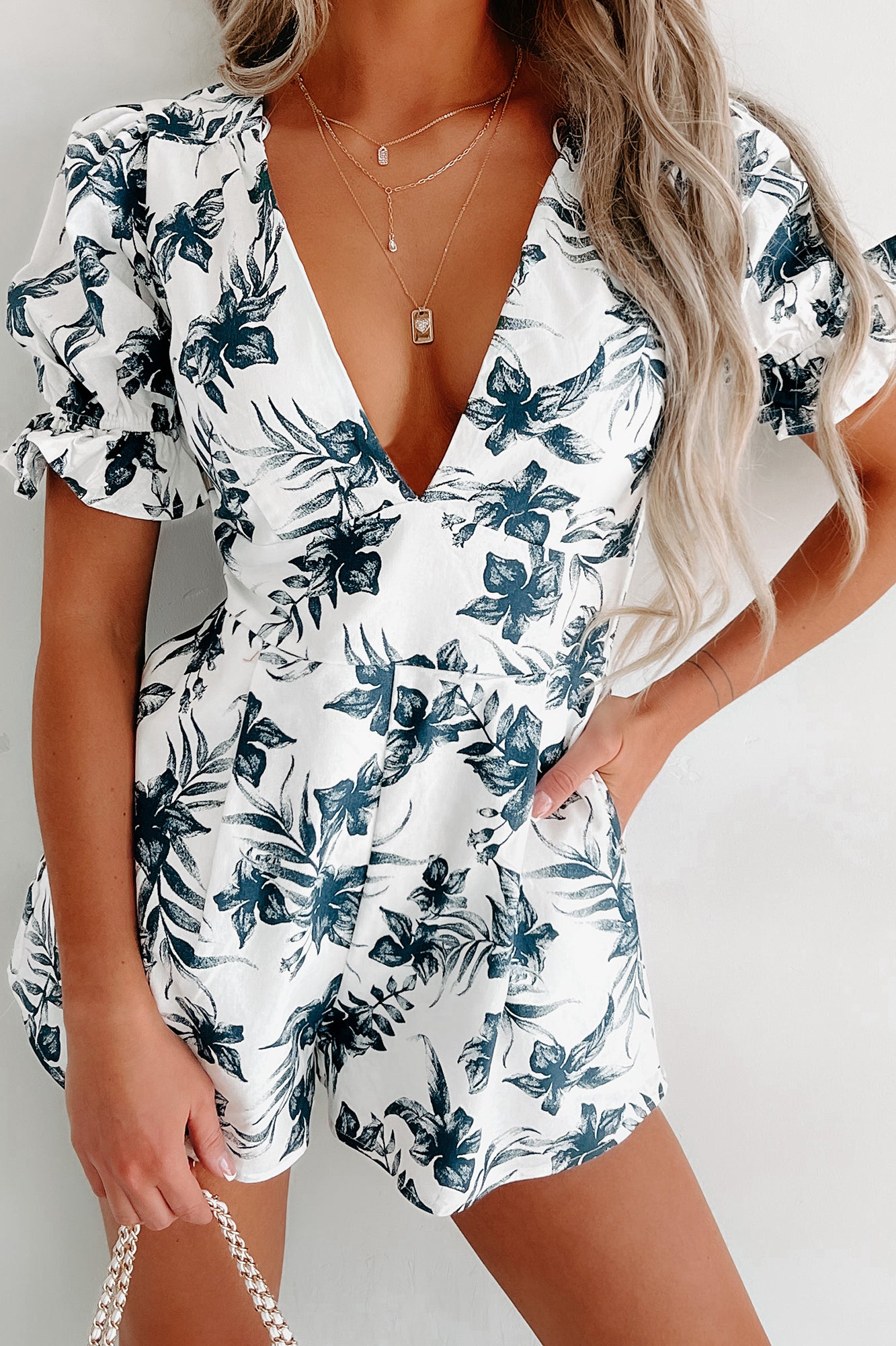 Being Up Front Floral Short Sleeve Romper (Navy/White) - NanaMacs