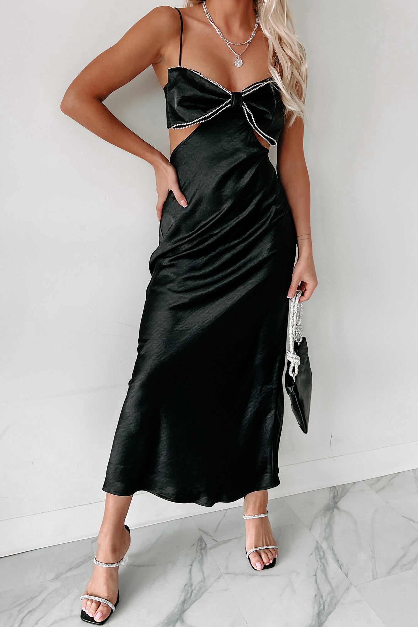 All Dolled Up Satin Rhinestone Bow Midi Dress (Black) - NanaMacs