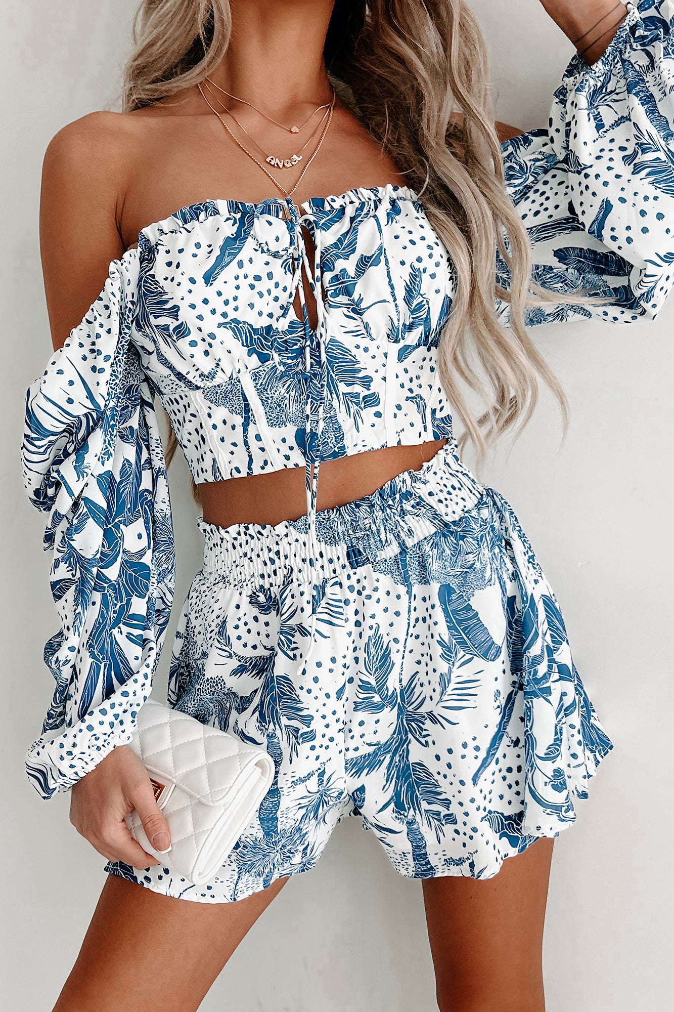 TWO PIECE NAVY FLORAL LACE-UP SHORTS SET