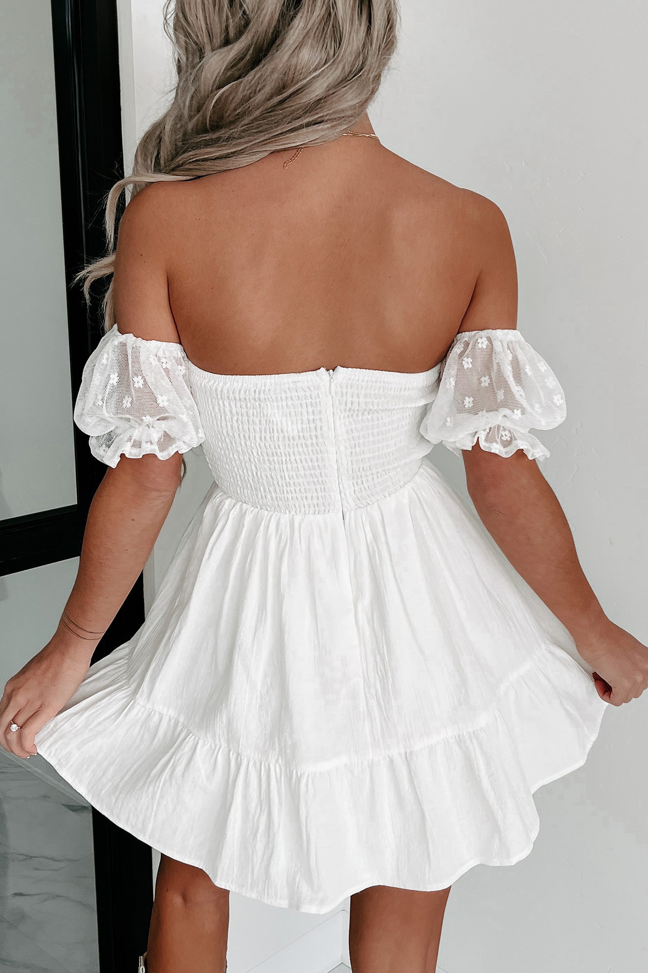 Which Way To Go Puff Sleeve Mesh Detail Mini Dress (White) - NanaMacs