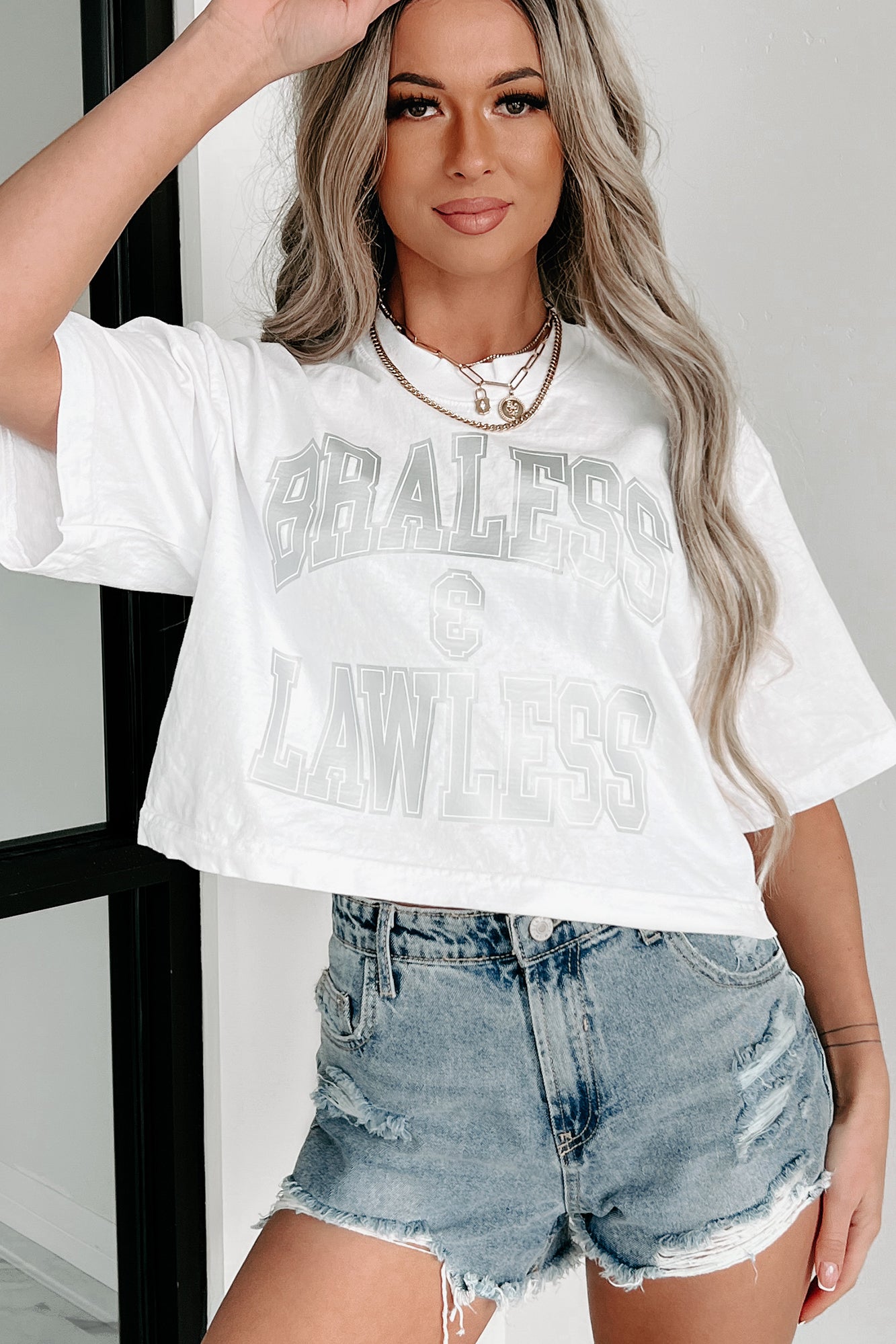 "Braless & Lawless" Oversized Crop Tee With Metallic Graphic (White) - Print On Demand - NanaMacs