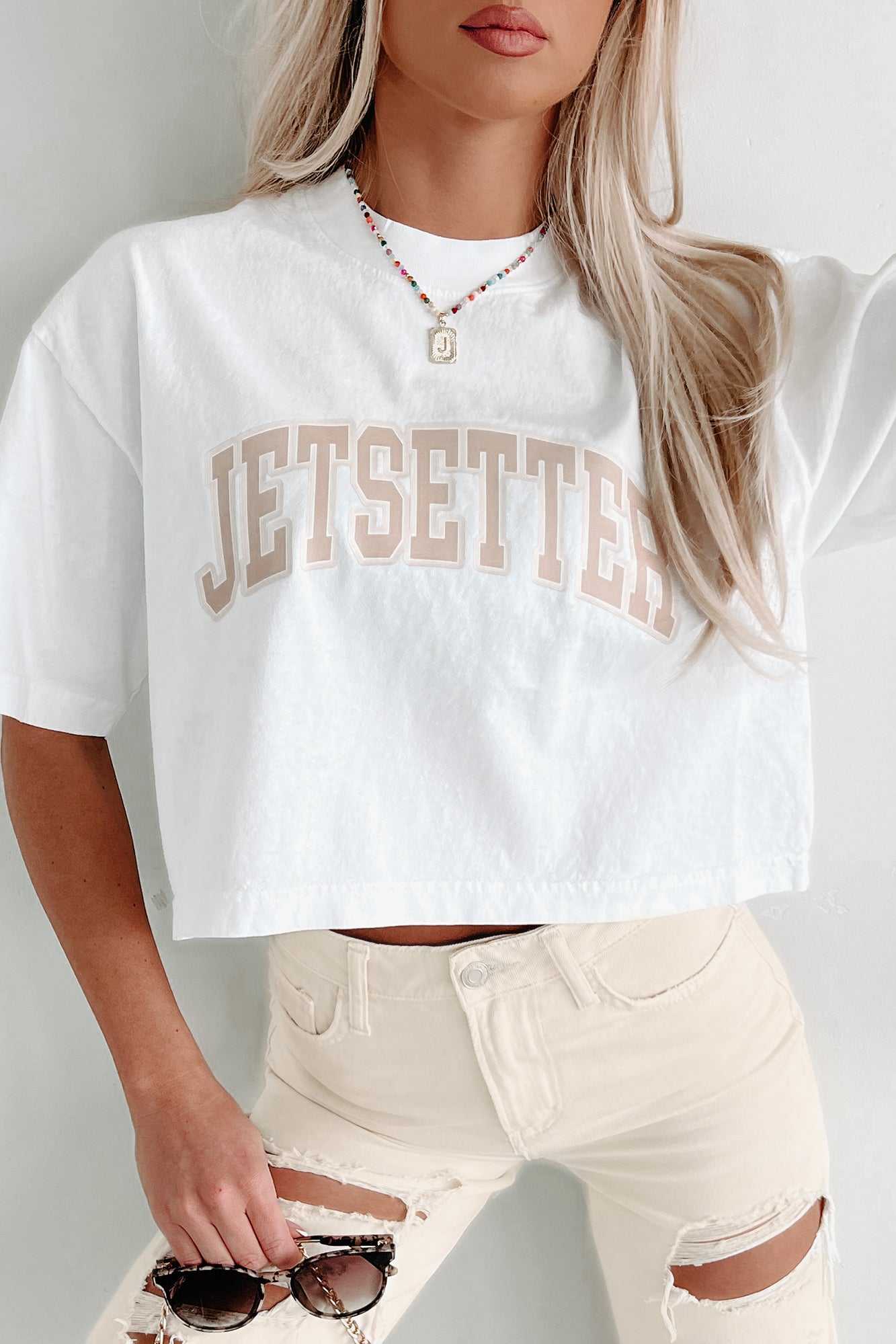 "Jetsetter" Oversized Graphic Crop Tee (White) - Print On Demand - NanaMacs